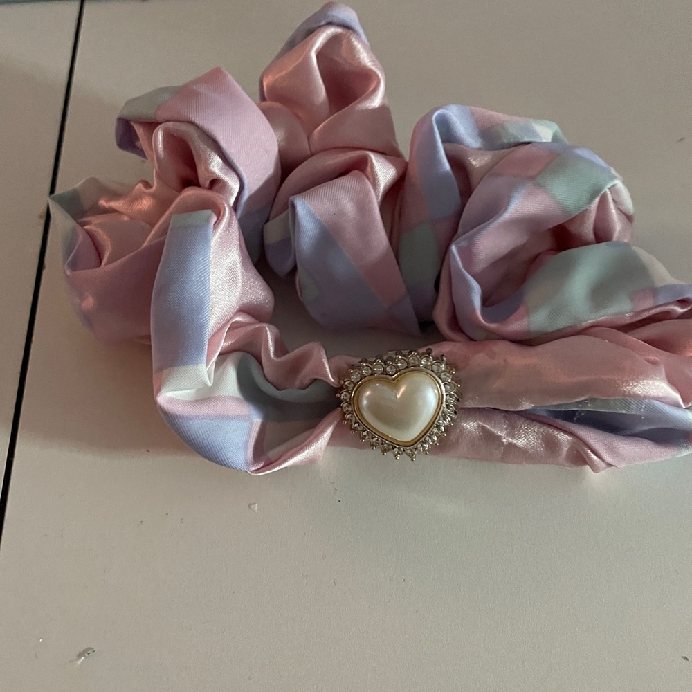 Elegant Pink and Blue Hair Scrunchie with Heart Accent